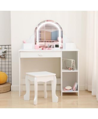 Kids Vanity Set with Adjustable Lighted Mirror, Stool, Drawer and Shelves