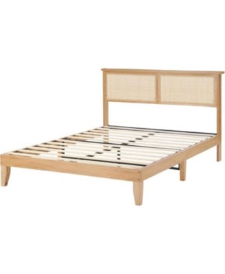 Full Bed Frame With Rattan Headboard and LED Lights Boho Platform Strong Wood Slats Noise Free No Box Spring