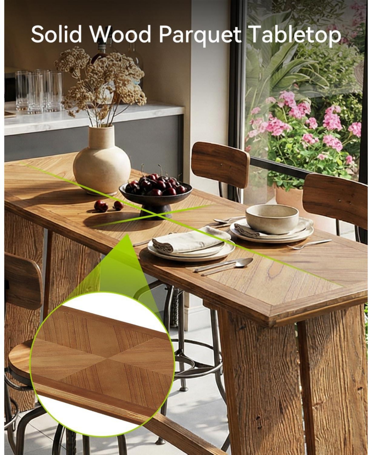 Tribesigns Solid Wood Bar Table, 61" Counter Height Table with Parquet Design Tabletop, Modern Farmhouse Kitchen Bar Table