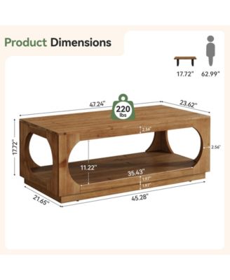 Solid Wood Coffee Table, 47.2" Farmhouse Wooden Center Tables, 2-Tier Rectangular Cocktail Tea Table