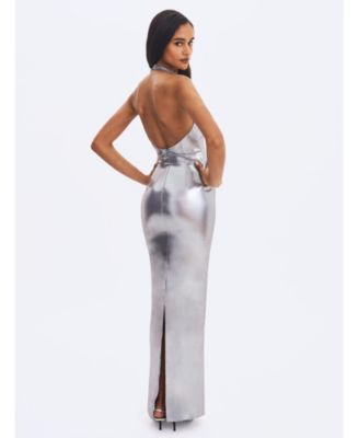 Women's Valeska Silver Foil Plunging Sheath Maxi Dress