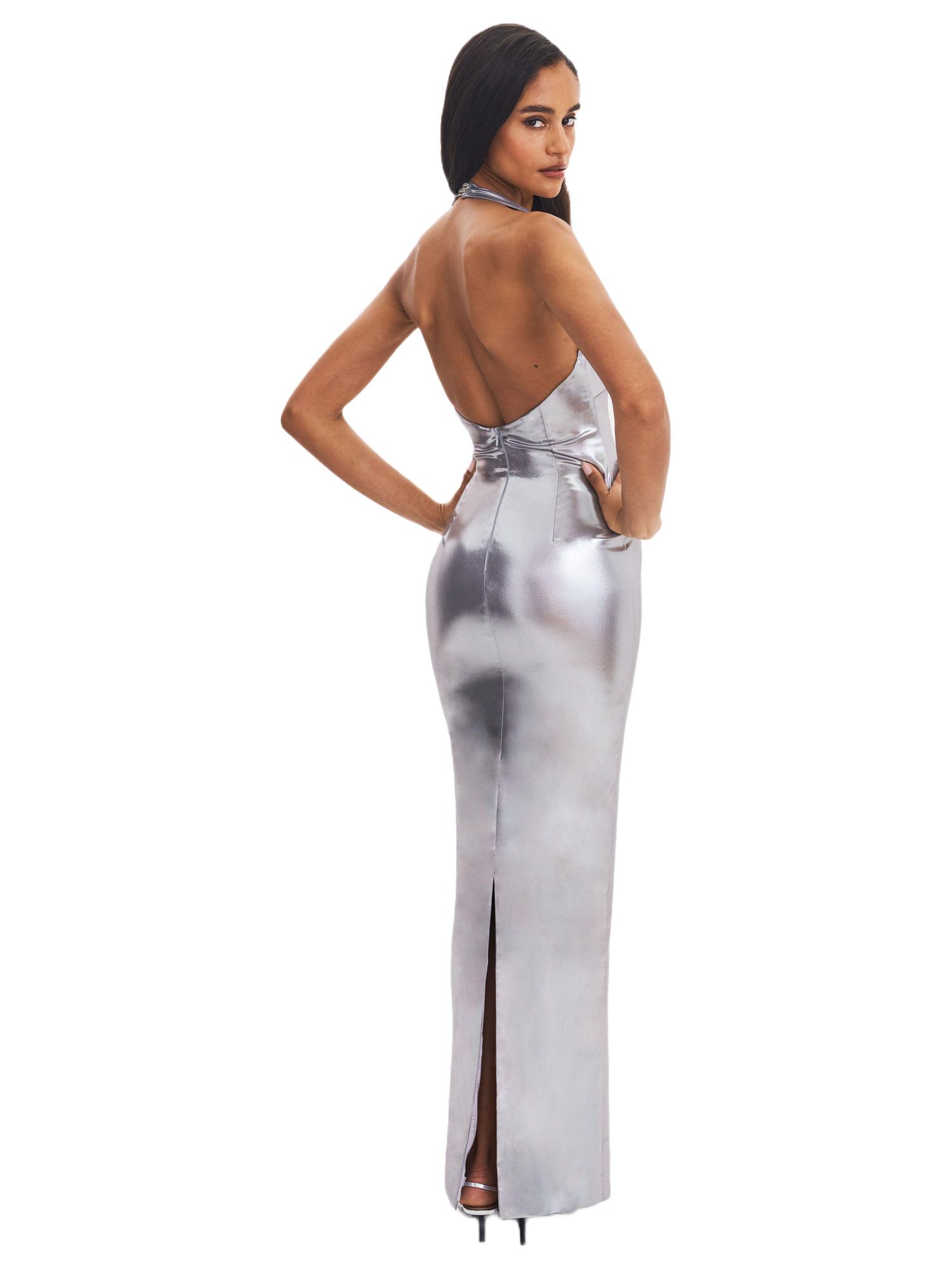 Women's Valeska Silver Foil Plunging Sheath Maxi Dress