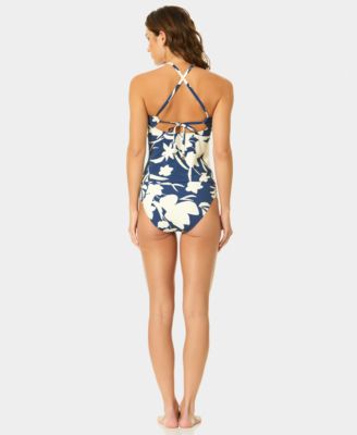 Women's Printed V-Neck Contrast Ruffle Tankini Top
