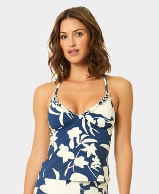 Women's Printed V-Neck Contrast Ruffle Tankini Top