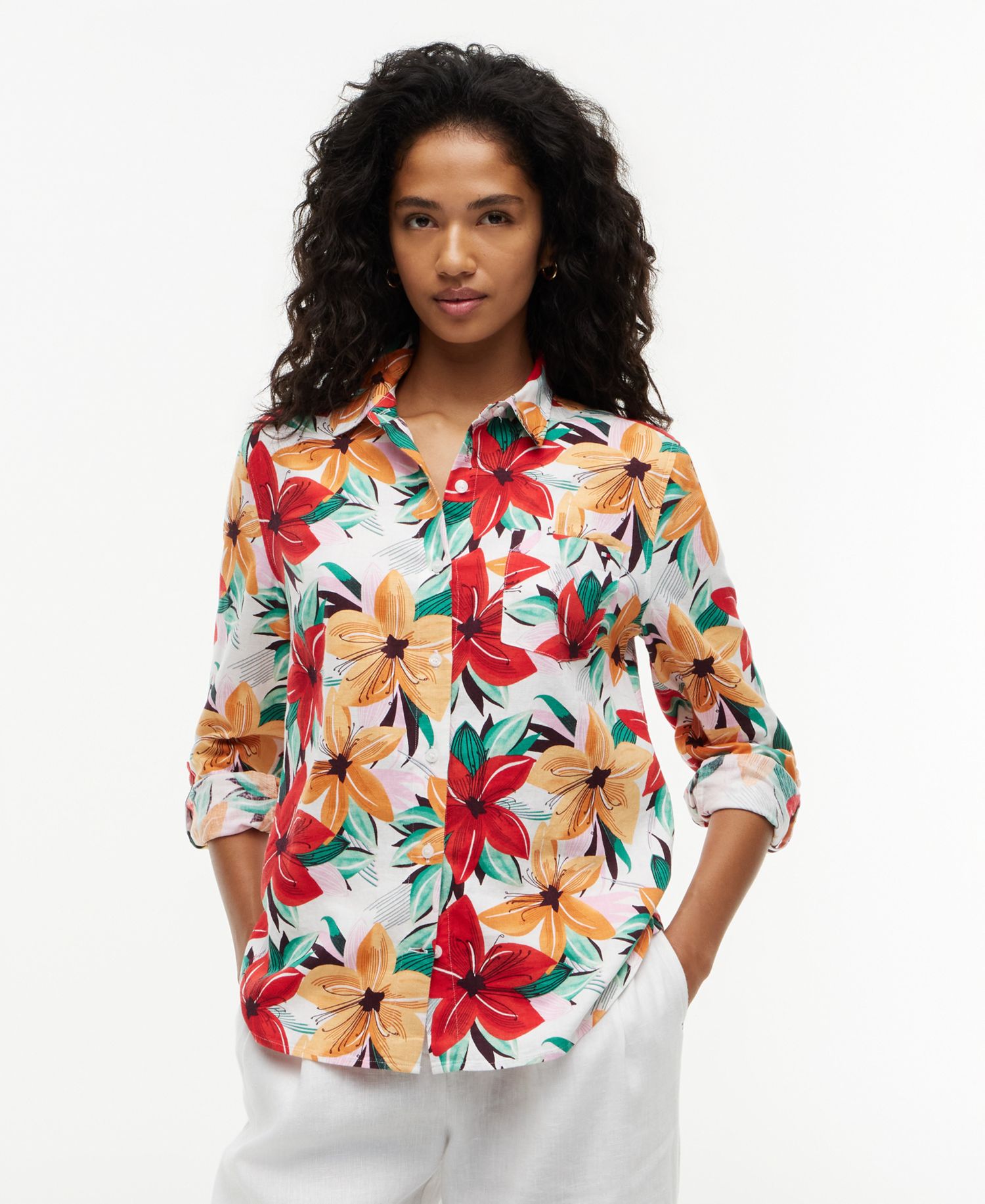 Women's Long-Sleeve Linen Blend Collared Printed Shirt