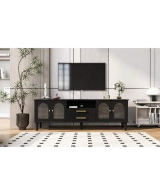  68.9" Retro TV Stand - Fluted Glass Doors, Wood Legs