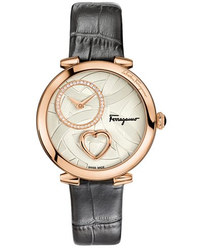 Ferragamo Women's Swiss Cuore Diamond (1/6 ct. t.w.) Dark Gray Leather Strap Watch 39mm FE205 0016