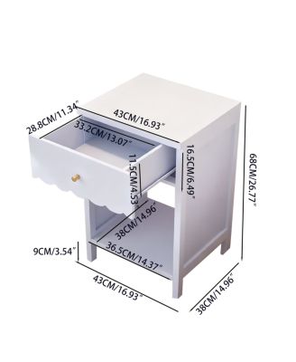Modern Nightstand with Drawer and Open Shelf, Scalloped Edge Bedside Table