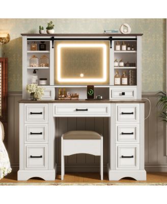 Streamdale Farmhouse Makeup Vanity Desk with Sliding Mirror, LED Lights, Stool & 9 Drawers