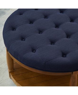 Large Tufted Linen Ottoman Coffee Table with Wood Shelf
