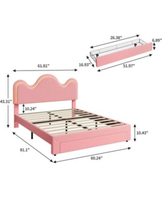 Queen Bed Frame Led Headboard Under Bed Drawer Metal Upholstered Platform Led Kids Bed Lamb Fleece Wood