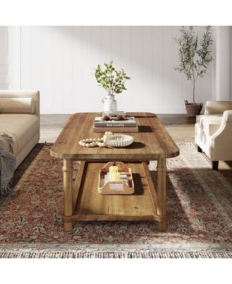 47" Rectangle Coffee Table, Solid Wood Center Table with 2-Tier Storage
