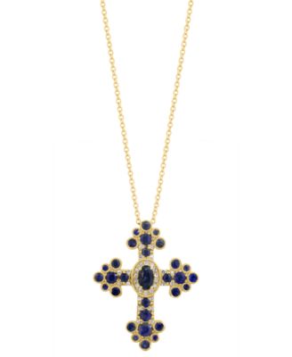 Effy Collection Sapphire 1-38 ct tw and Diamond 110 ct tw Cross Pendant Necklace in 14k Yellow Gold - Yellow Gold 7699$