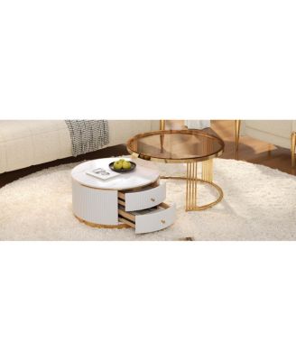 Modern 2-Piece Round Nesting Coffee Table with Drawers & Glass Top