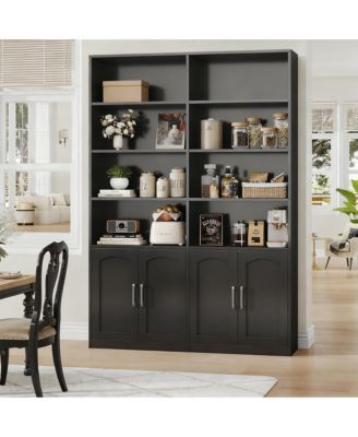 Bookshelf with Doors 6 Tier Double Wide Tall Storage Cabinet Open Display Shelves