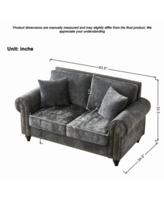 63" Modern 2-Seater Chenille Sofa, Rolled Arms, Nailhead Trim