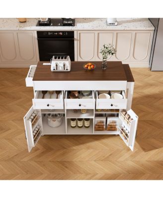 74.8" White Kitchen Island with Extendable Table, Power Outlet & Storage