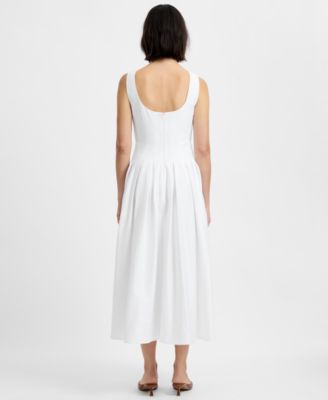 Women's Satin Fit And Flare Scoop Neck Midi Dress