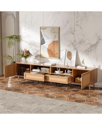 Rattan Cabinet TV Stand for TVs up to 90", Modern Farmhouse Media Console with Solid Wood Legs