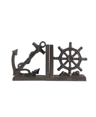 Nautical Anchor and Ship Wheel Iron Bookend Set