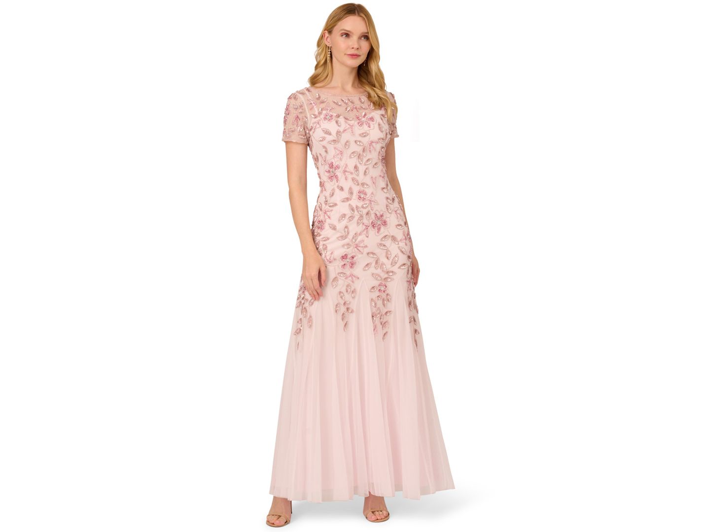 Женское платье Adrianna Papell Floral-Beaded Gown, цвет: Пудровый розовый — фото 1