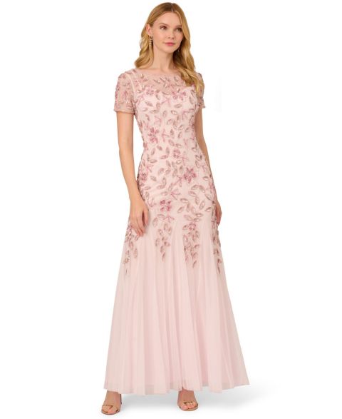 Женское платье Adrianna Papell Floral-Beaded Gown, цвет: Пудровый розовый