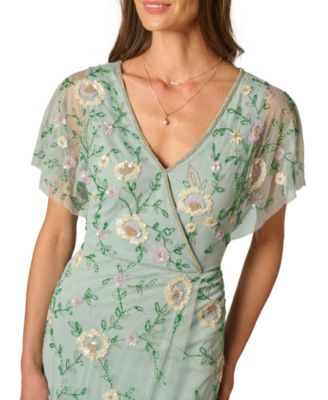 Women's Bead Flutter-Sleeve Midi Mesh Dress