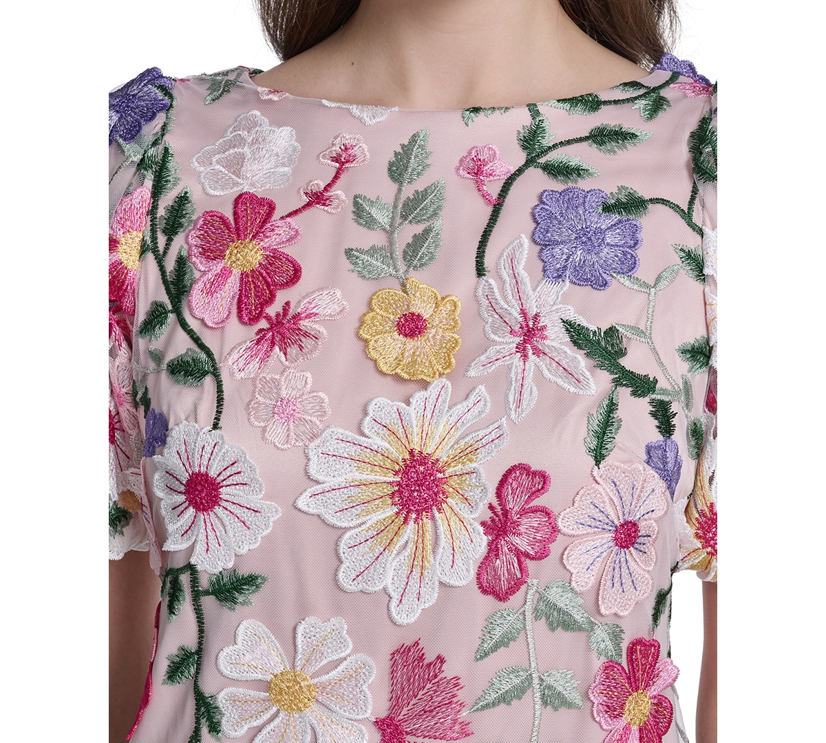 Eliza J Petite Boat Neck Floral Embroidered Mesh Dress