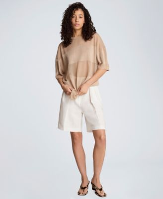 Women's Shiny Semi-Sheer Stripe Crewneck Top