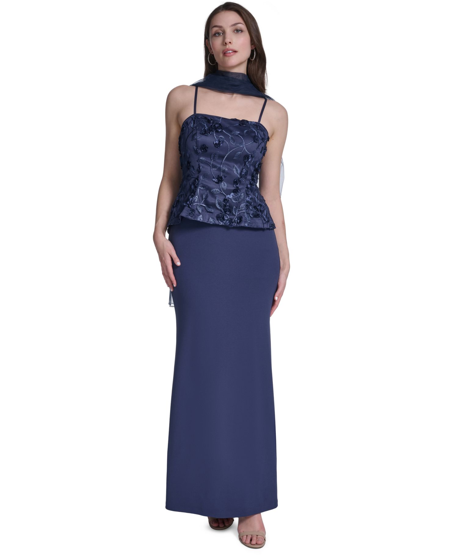 Women's Spaghetti Strap Combo Overlay Top Mermaid Gown