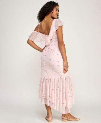 Juniors' Floral Embroidered Asymmetric Ruffle Hem Midi Dress