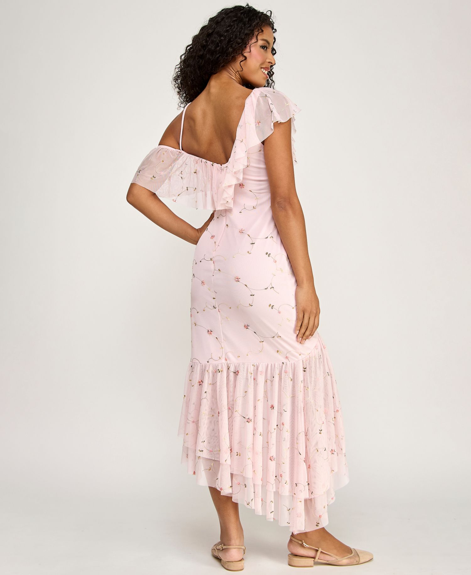 Juniors' Floral Embroidered Asymmetric Ruffle Hem Midi Dress