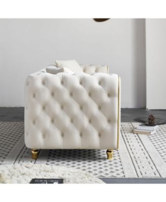 86" Beige Tufted Sofa with Toss Pillows