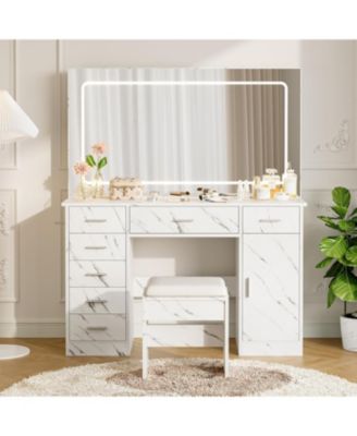 Makeup Vanity Desk with Large Lighted Mirror,3 Light Modes, Brightness Adjustable, 7-Drawer Dressing Table with Hairdryer Holder
