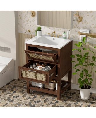 24 Inch Freestanding Bathroom Vanity with Ceramic Sink, Flip-Out Drawer & Modern Storage for Small Spaces