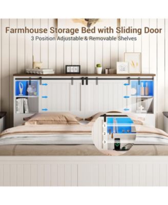 Farmhouse Bed Frame with Storage, Charging Station, LED Light, Sliding Barn Door, Noise-Free, Easy Assembly, No Box Spring Needed
