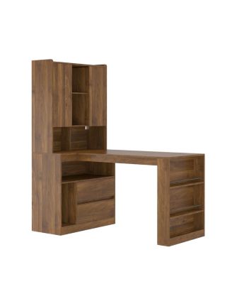 L-Shaped Desk with Drawers, LED Light, Bookshelf, Modern Corner Desk