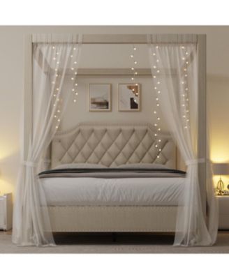 Canopy Bed Frame with Headboard Button Tufted Nailhead Trim Design, No Box Spring Required