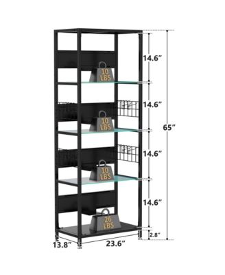 Glass Display Shelf with RGB LED Lights - 4-Tier Curio Cabinet with Adjustable Storage Box, Hooks, Metal Frame Standing Shelf for Living Room