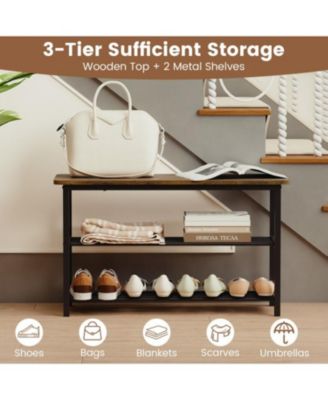 3-Tier Shoe Rack Bench with Metal Shelves & Wooden Seat