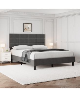 Full Bed Frame Adjustable Headboard Linen Upholstered Wood Slats No Box Spring Noise Free Minimalist