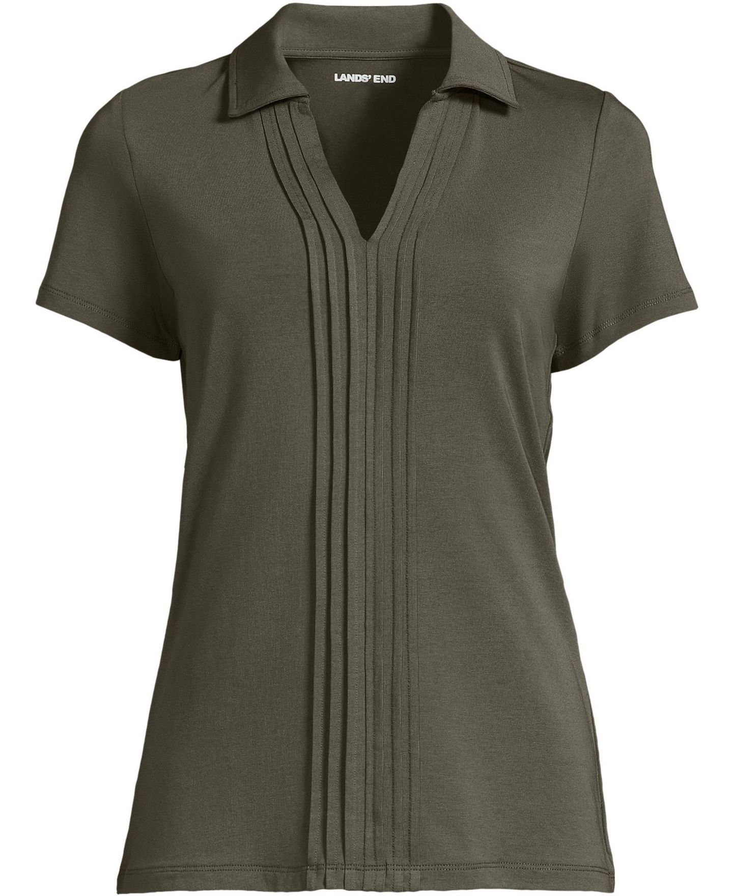 Женский топ Lands' End Short Sleeve Lightweight Jersey Pintuck Open Collar Polo, цвет: Тёмно-зелёный мох — фото 3