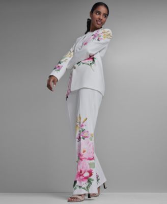 Petite Notch Lapel Collar Blazer and Mid-Rise Floral Print Pants