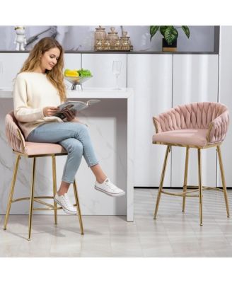 Velvet Bar Stools Set of 2 - Hand-Wave Back, Golden Chrome Base and Footrest, Counter Height Chairs for Kitchen Island, Home Pub