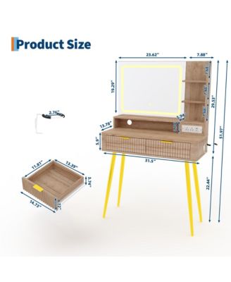 31" Mid-Century Modern Makeup Vanity Desk with Lighted Mirror, 2 Drawers and Cabinet