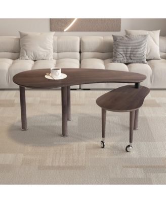 360° Rotatable Coffee Table, Nesting Coffee Tables with Swivel Function, Modern Wood Oval Center Table for Living Room