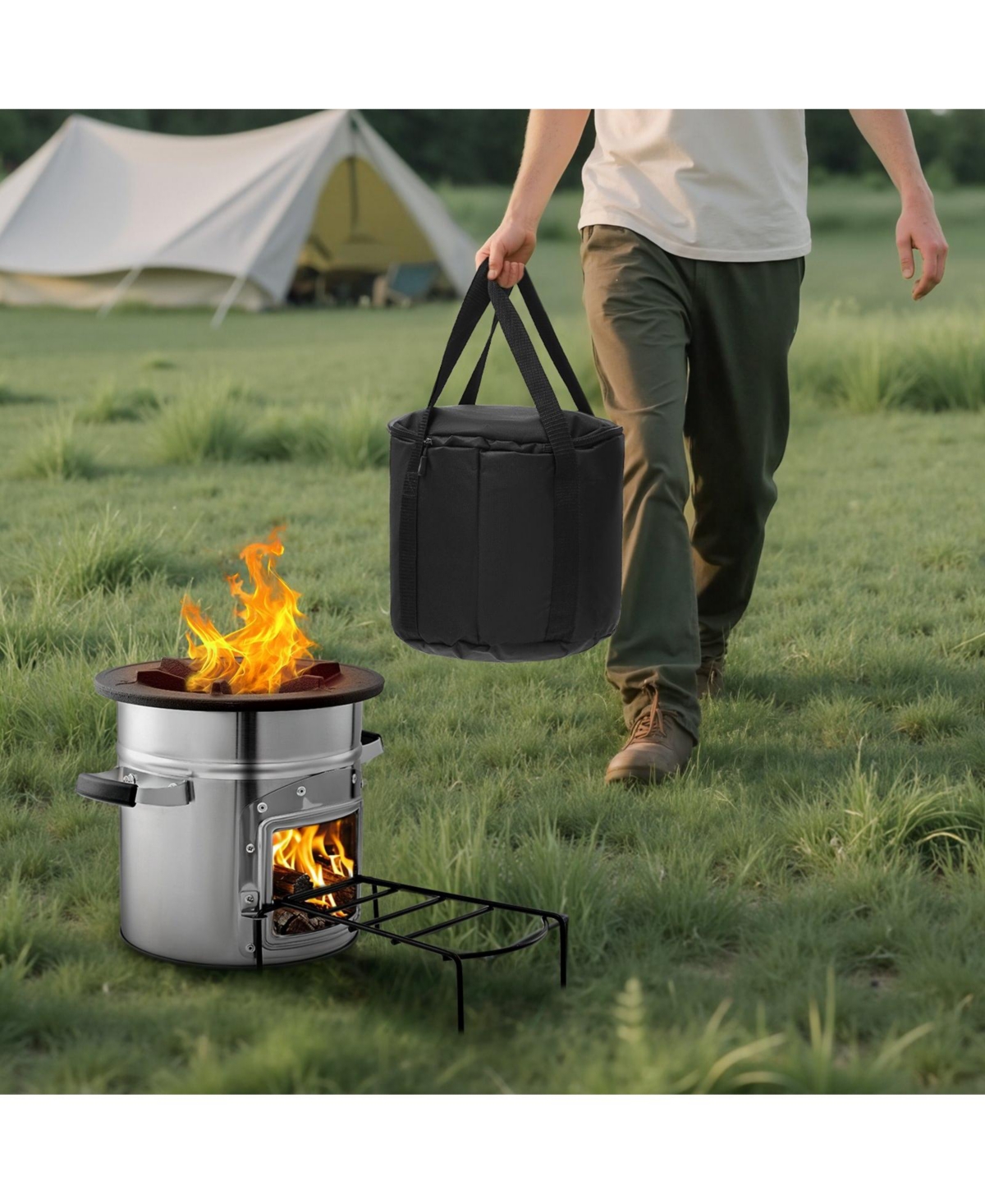 Ecooso Portable Stainless Steel Camping Rocket Stove with Carry Bag Single Door