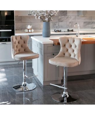 Velvet Swivel Bar Stools Set of 2, Adjustable Counter Height Chairs with Nailhead Trim and Silver Metal Base for Kitchen Island.