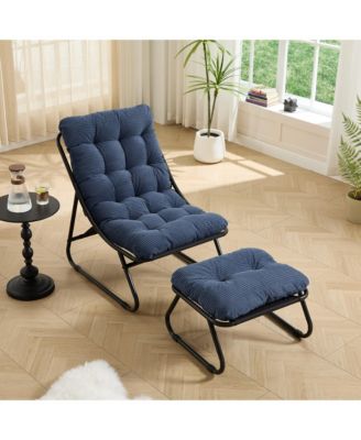 Outdoor Lounge Chair - Sling Recliner Chair with Puffy Cushion and Foot Stool for Living Room, Bedroom