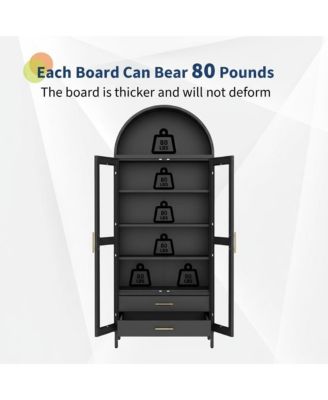 55" Tall Kitchen Pantry Cabinet, Arched Display with Glass Doors, 2 Drawers & Adjustable Shelves for Living, Dining Room